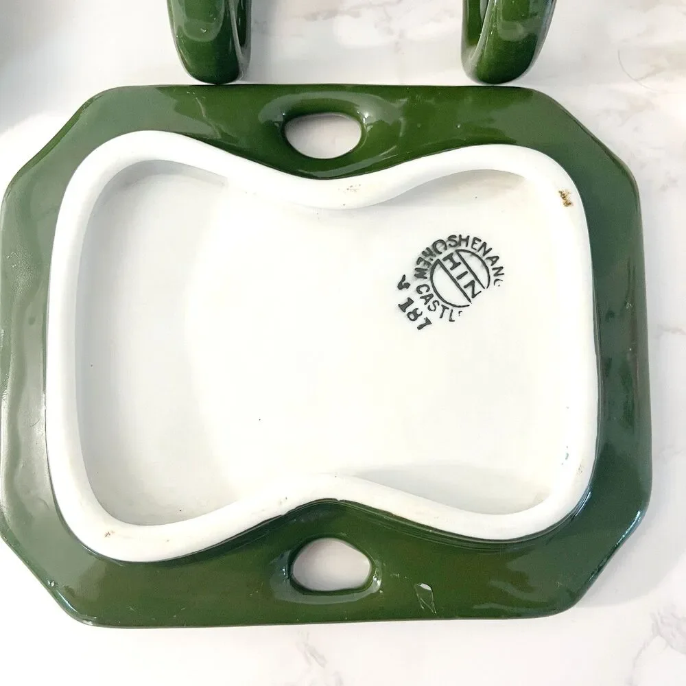 Vintage Lidded Shenango China Oil & Vinegar Cruet Set with Tray Forest Green